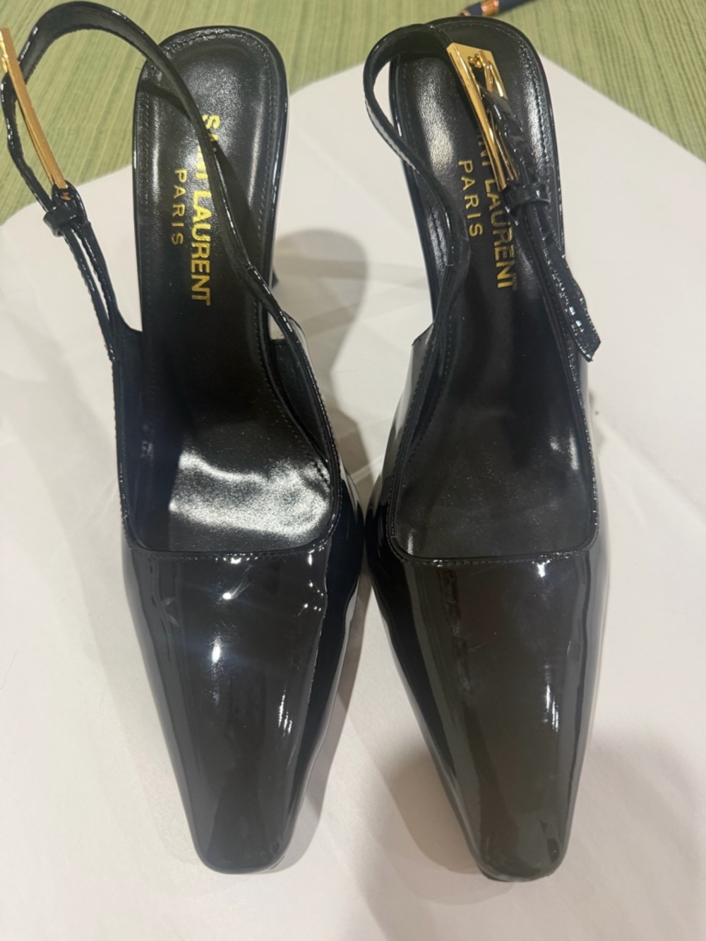 Saint Laurent Black Patent Slingback Pumps with Gold Buckle